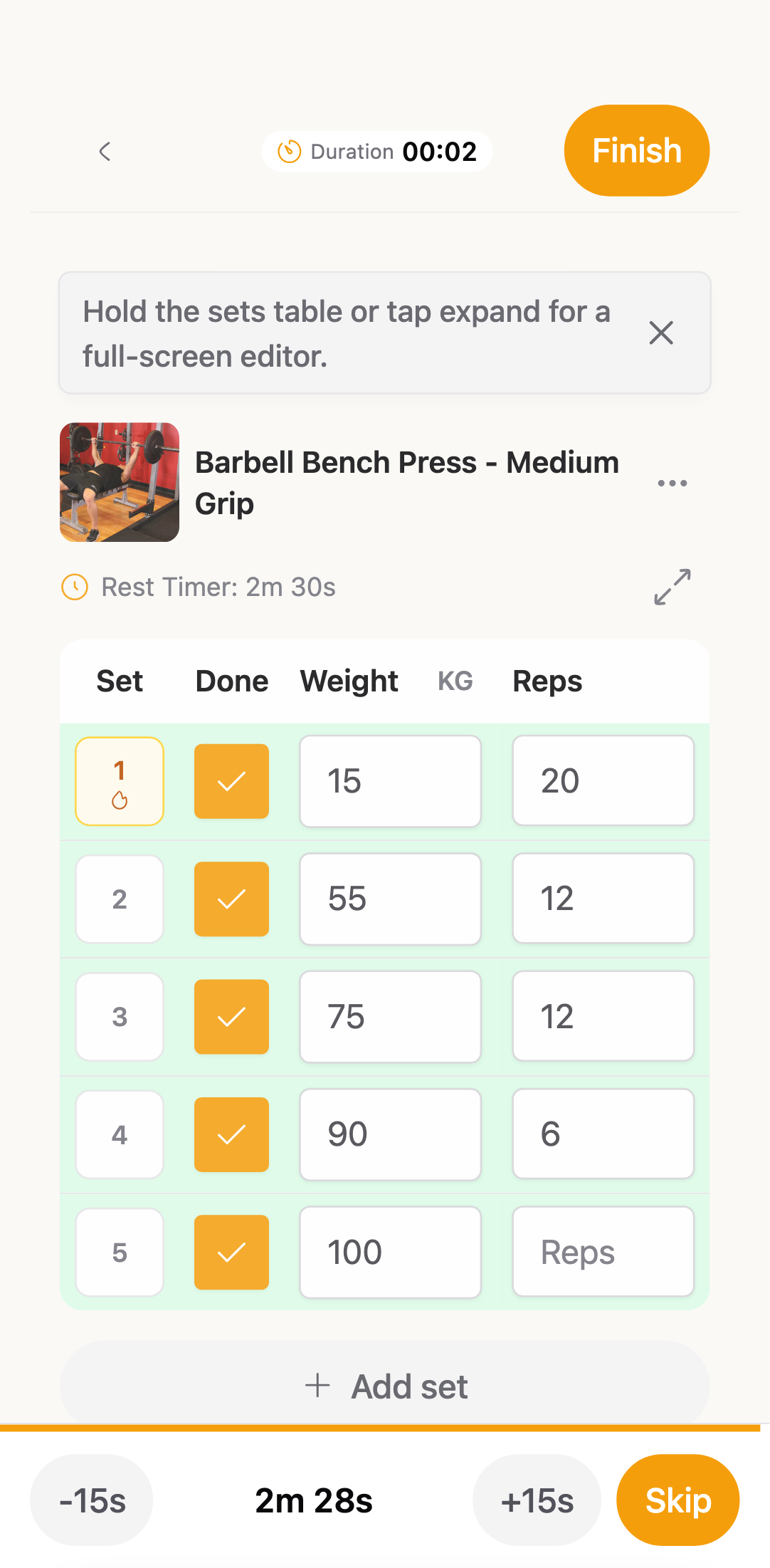 Log every set in one touch.